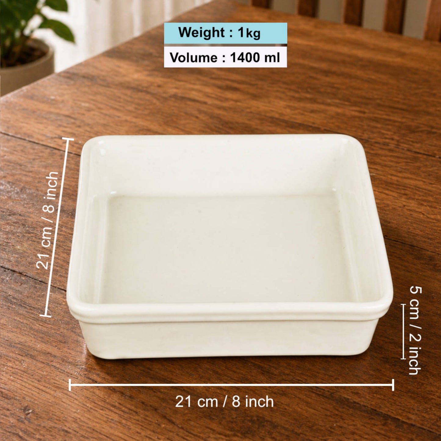 Ceramic Baking Dish (L x B x H – 21 x 21 x 5 cm, White, 1400 ml)