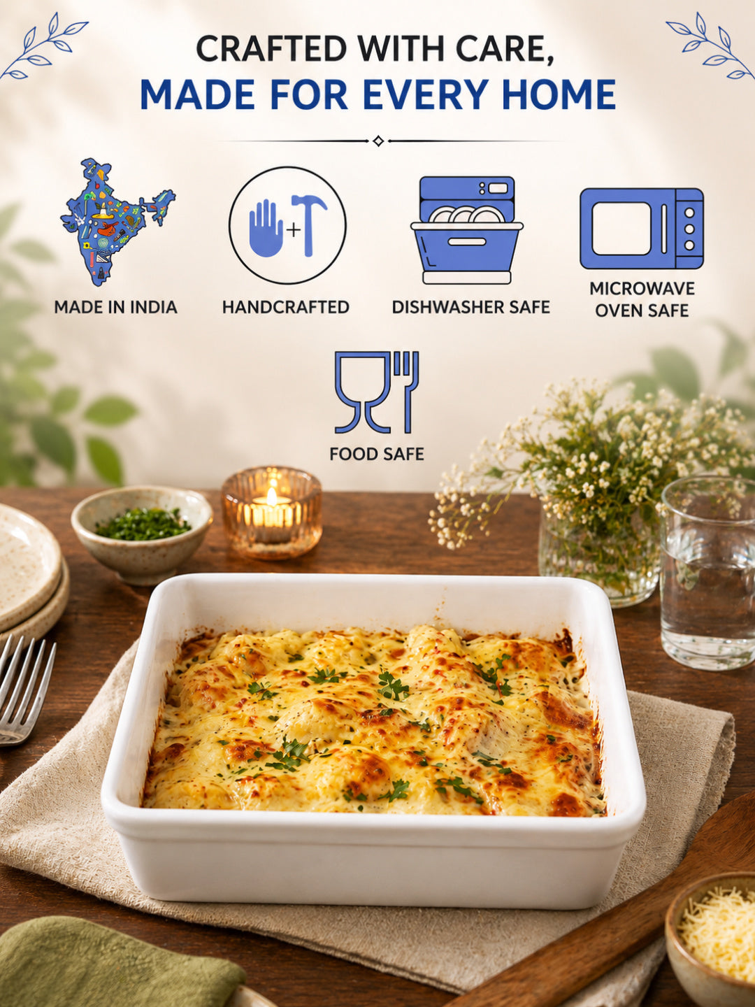 Ceramic Baking Dish (L x B x H – 21 x 21 x 5 cm, White, 1400 ml)