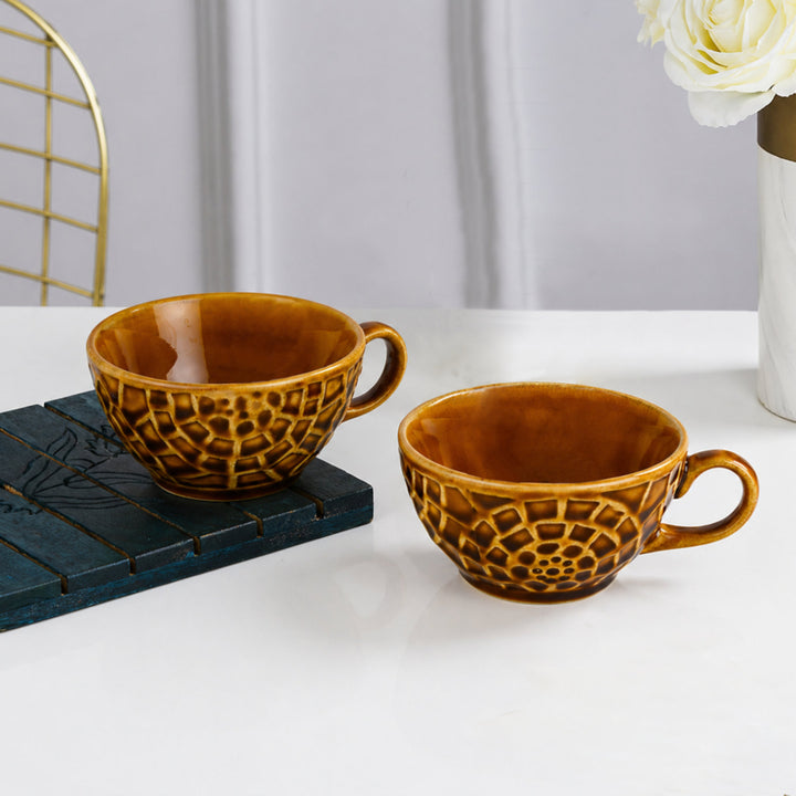 Ceramic Mosaic Textured Cappuccino Coffee Cups (Set of 2, 250 ml Each, Amber Brown Reactive Glaze)