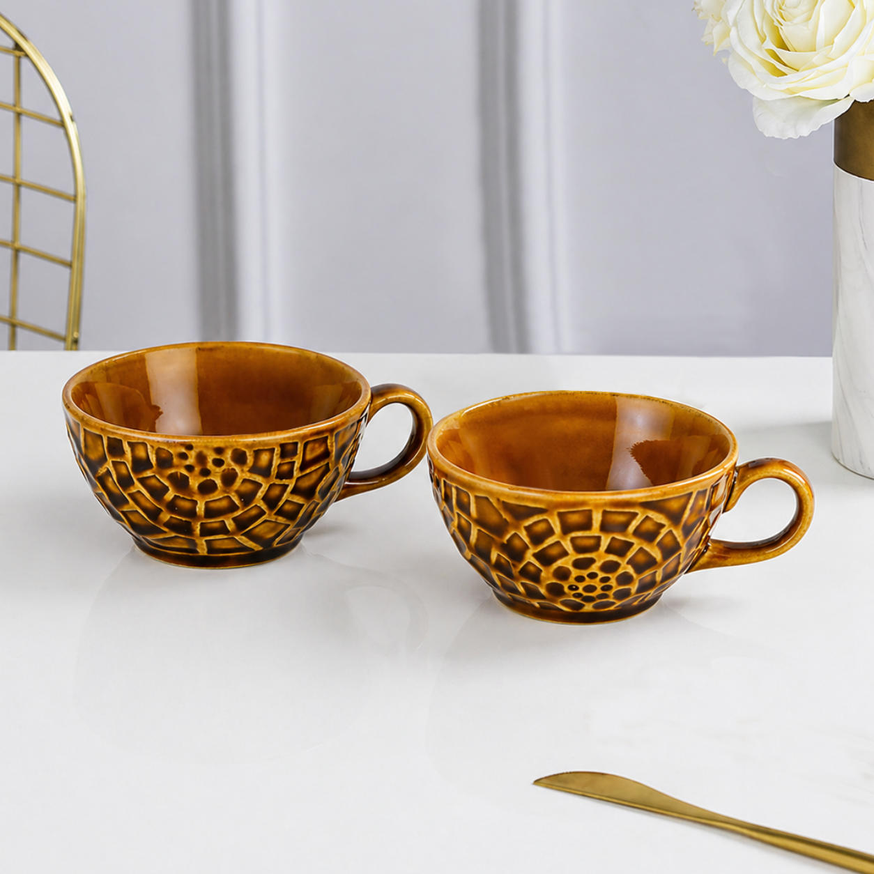 Ceramic Mosaic Textured Cappuccino Coffee Cups (Set of 2, 250 ml Each, Amber Brown Reactive Glaze)