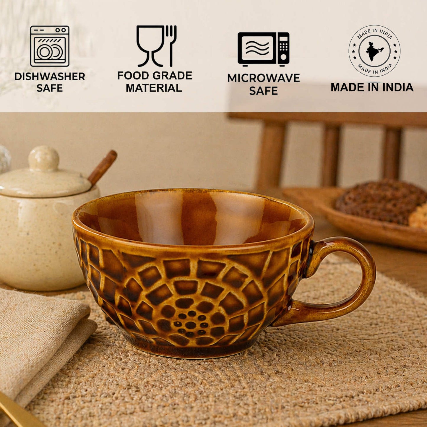 Ceramic Mosaic Textured Cappuccino Coffee Cups (Set of 2, 250 ml Each, Amber Brown Reactive Glaze)