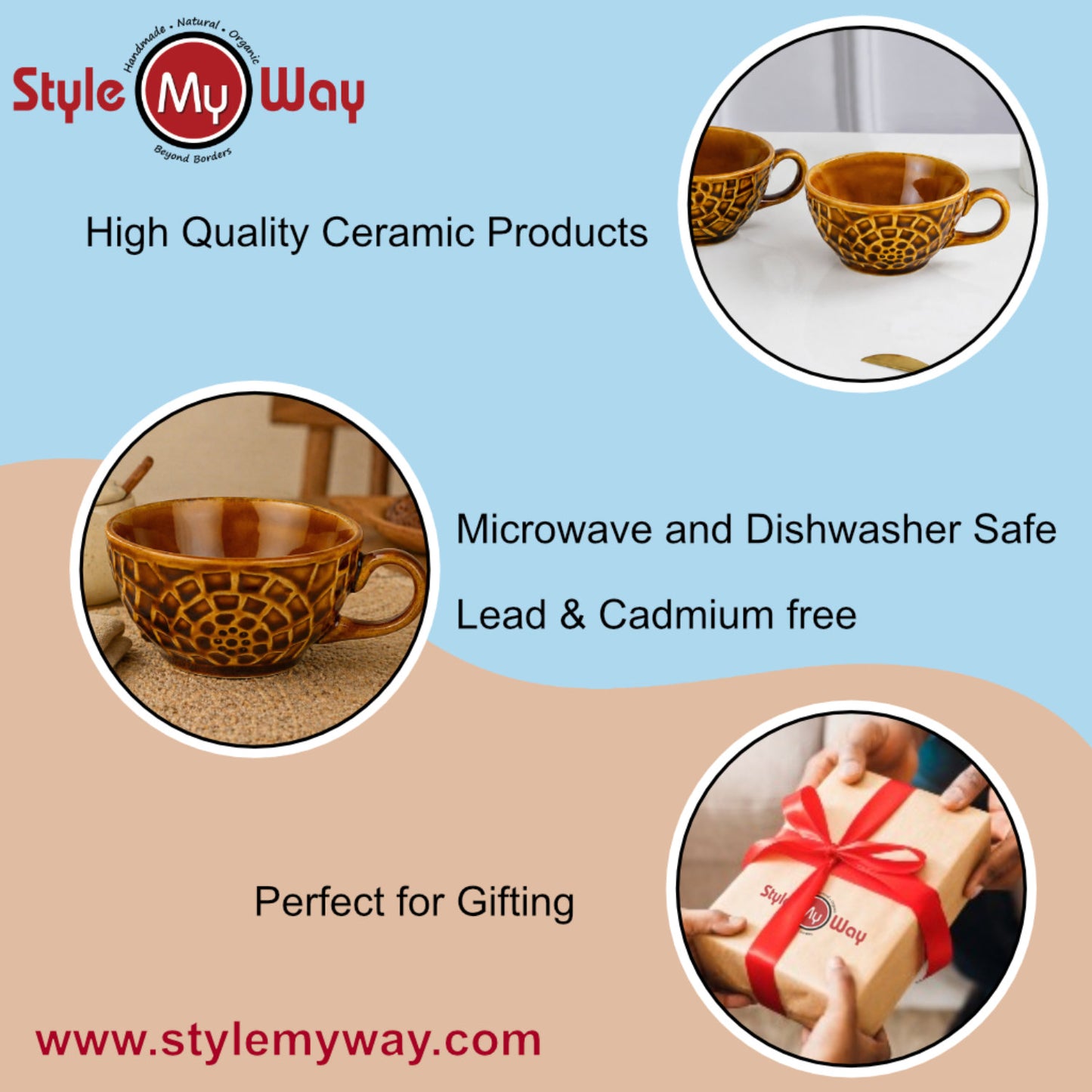 Ceramic Mosaic Textured Cappuccino Coffee Cups (Set of 2, 250 ml Each, Amber Brown Reactive Glaze)