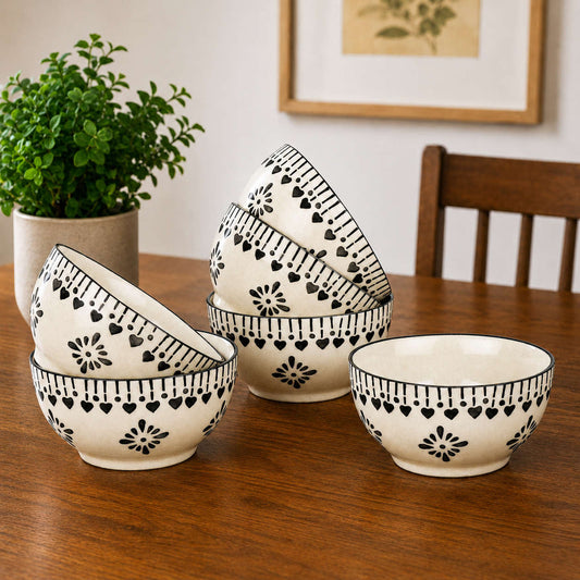 Hand-Painted Ceramic Dinner Serving Bowls (Set of 6, 155 ml each, Off White & Grey)