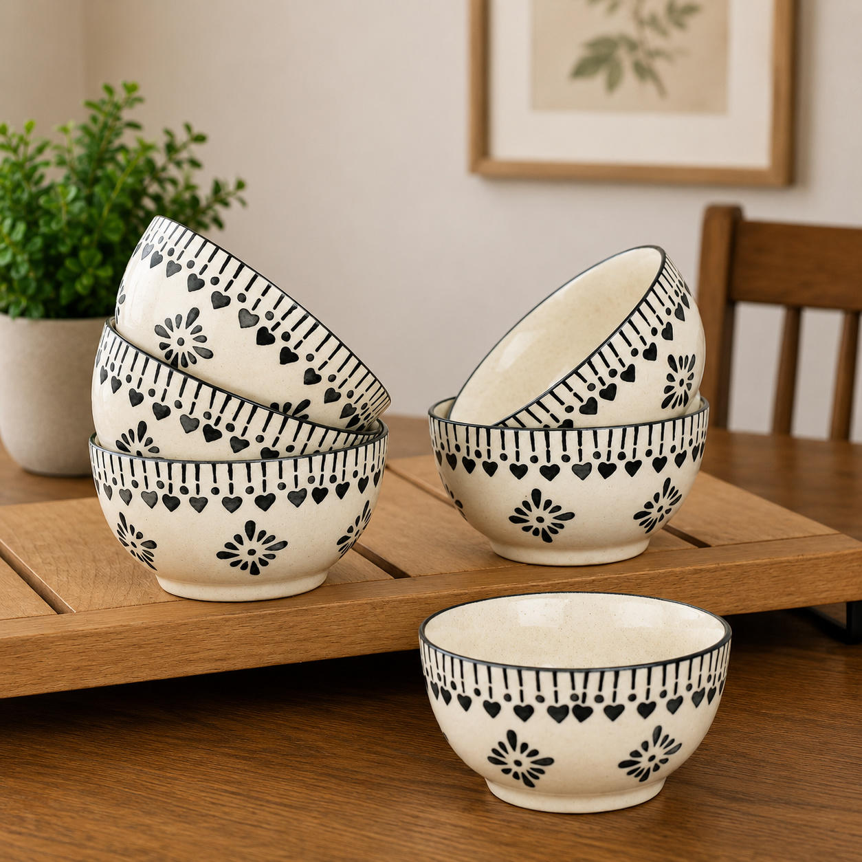 Hand-Painted Ceramic Dinner Serving Bowls (Set of 6, 155 ml each, Off White & Grey)