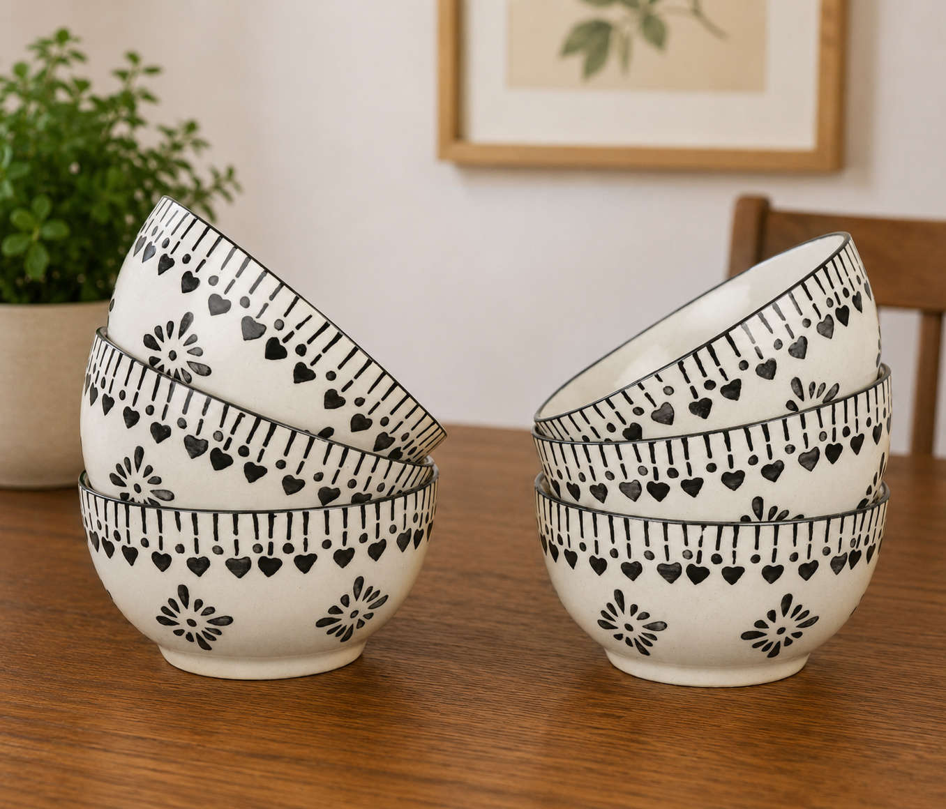 Hand-Painted Ceramic Dinner Serving Bowls (Set of 6, 155 ml each, Off White & Grey)