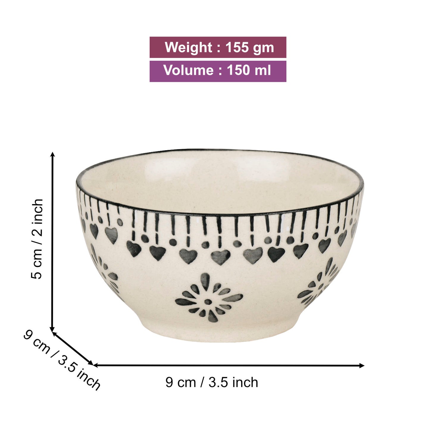 Hand-Painted Ceramic Dinner Serving Bowls (Set of 6, 155 ml each, Off White & Grey)