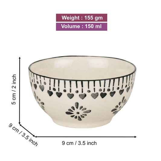 Hand-Painted Ceramic Dinner Serving Bowls (Set of 6, 155 ml each, Off White & Grey)