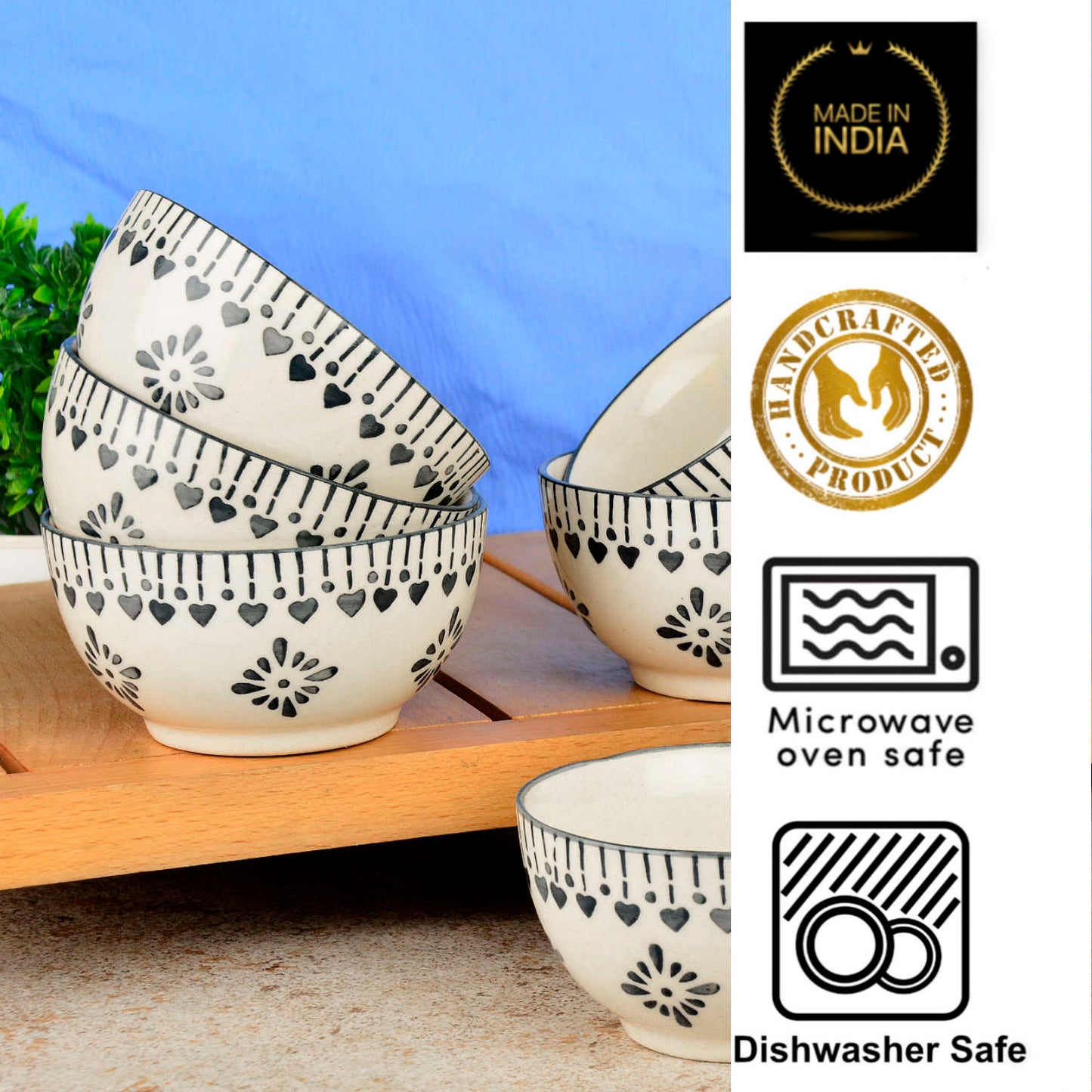 Hand-Painted Ceramic Dinner Serving Bowls (Set of 6, 155 ml each, Off White & Grey)