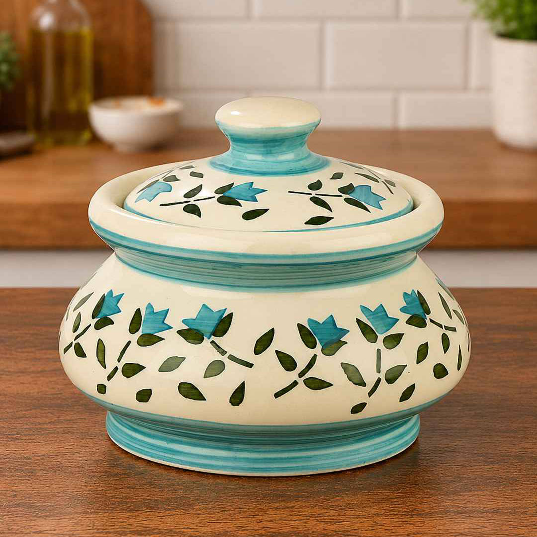 Ceramic Handi with Lid - Blue - Green - White - 750 ml