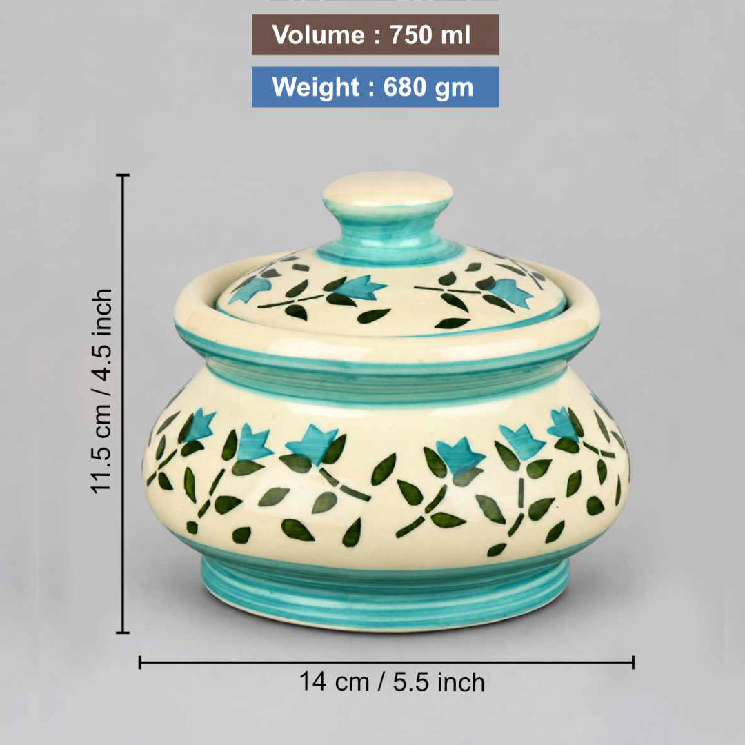 Ceramic Handi with Lid - Blue - Green - White - 750 ml
