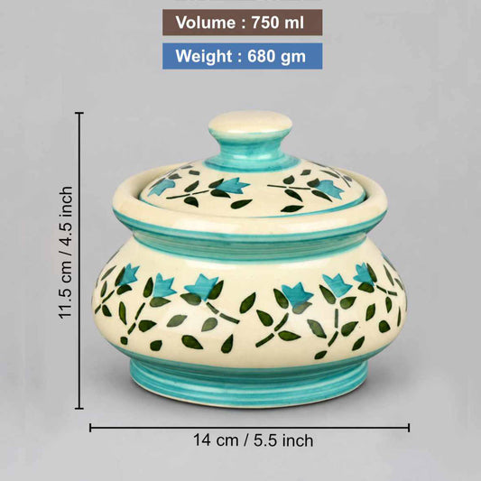 Ceramic Handi with Lid - Blue - Green - White - 750 ml