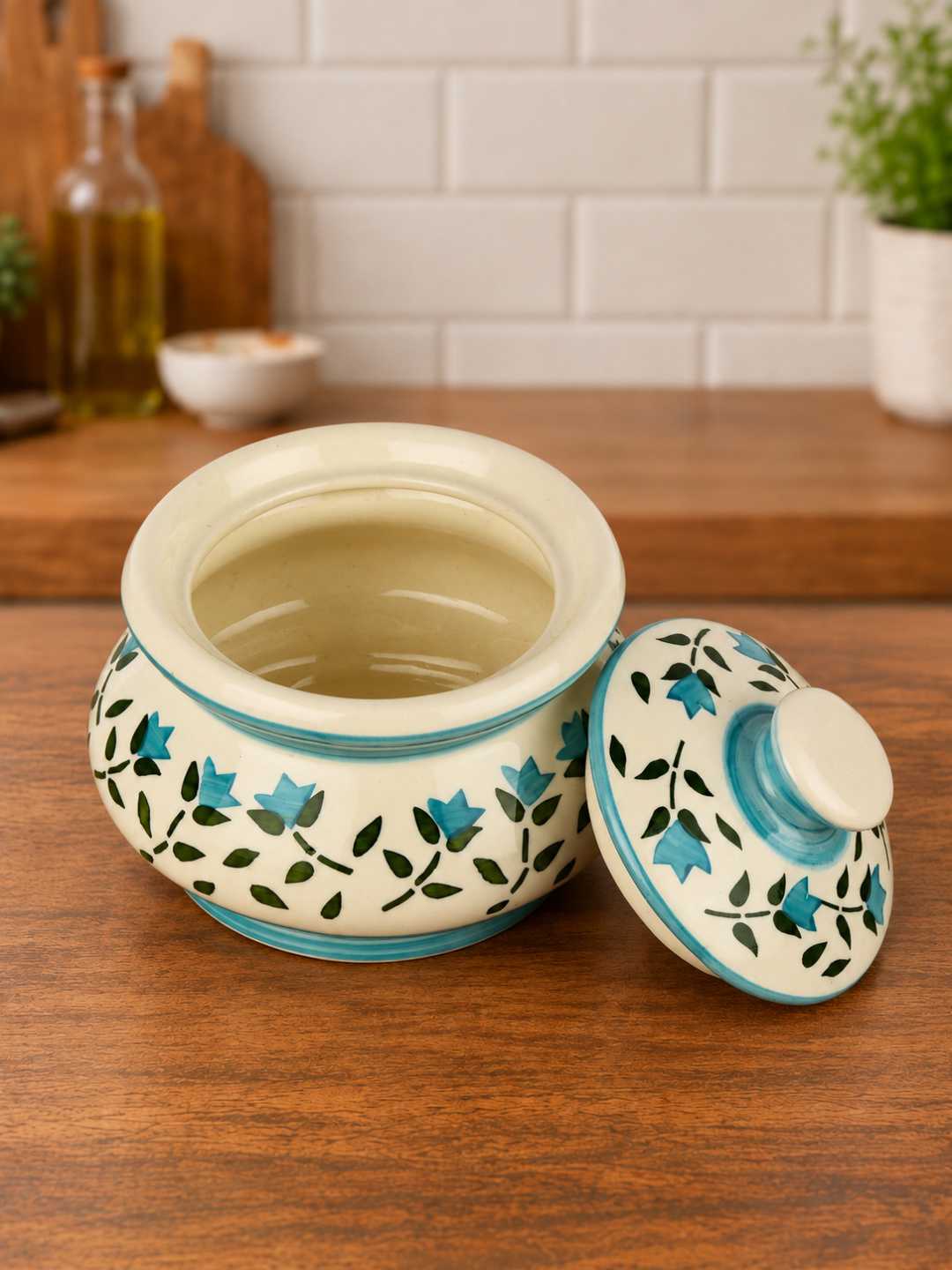 Ceramic Handi with Lid - Blue - Green - White - 750 ml