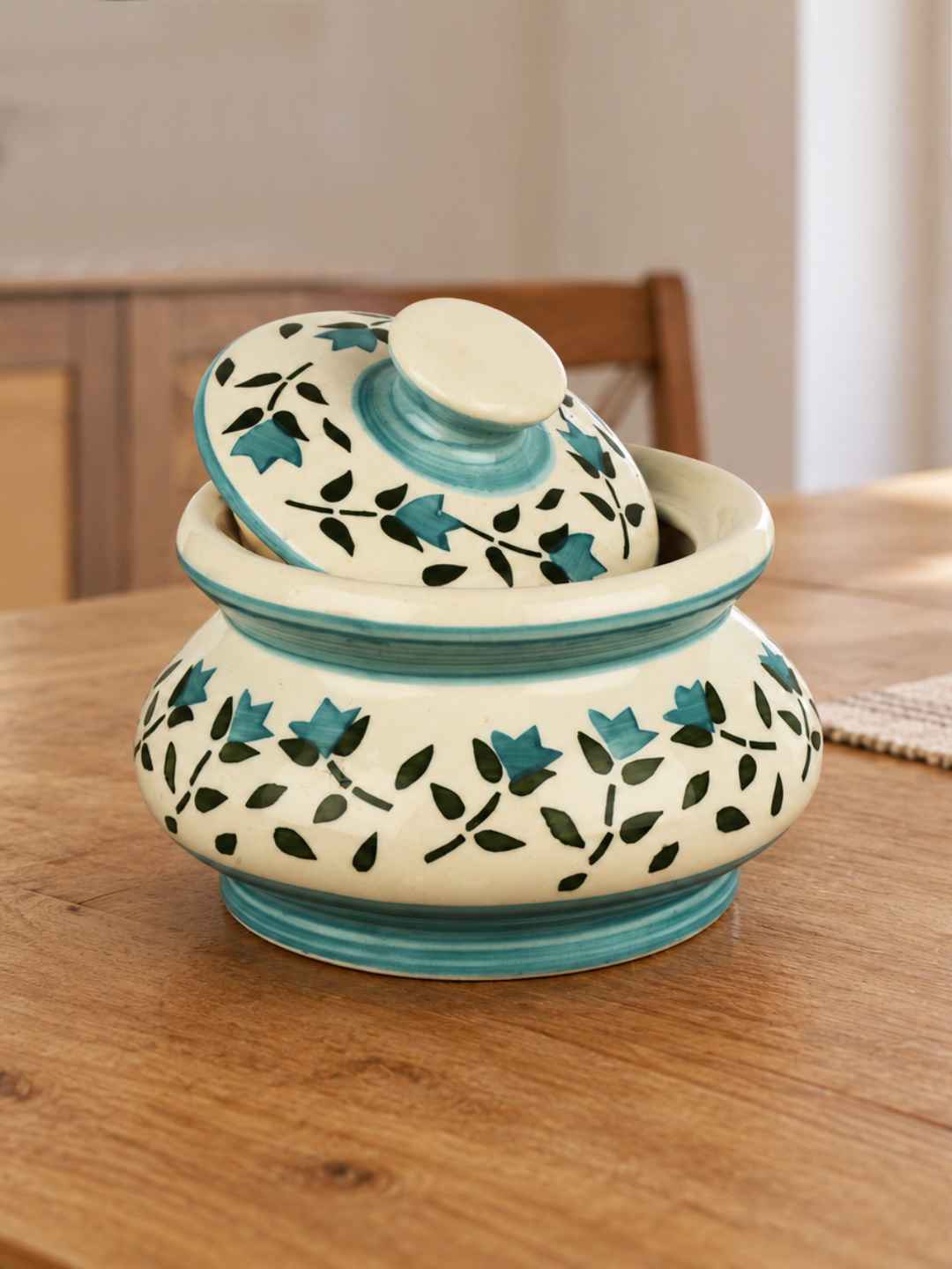 Ceramic Handi with Lid - Blue - Green - White - 750 ml