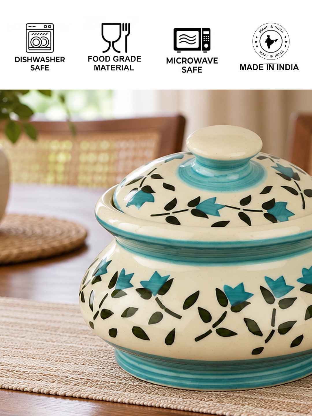 Ceramic Handi with Lid - Blue - Green - White - 750 ml