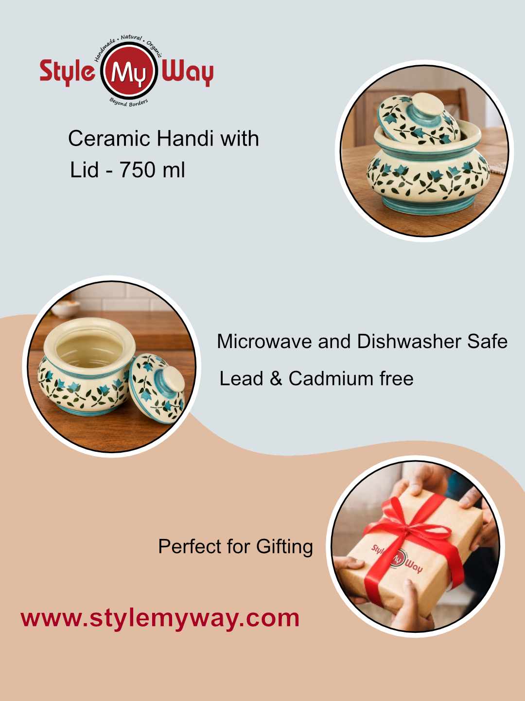 Ceramic Handi with Lid - Blue - Green - White - 750 ml