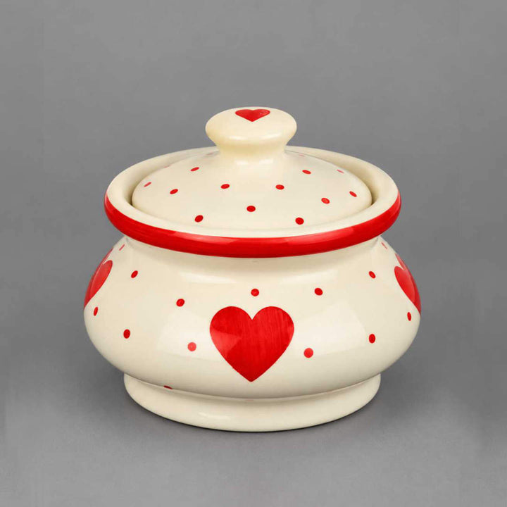 Ceramic Heart Design Handi with Lid - Red - White - 750 ml