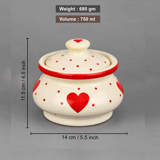 Ceramic Heart Design Handi with Lid - Red - White - 750 ml