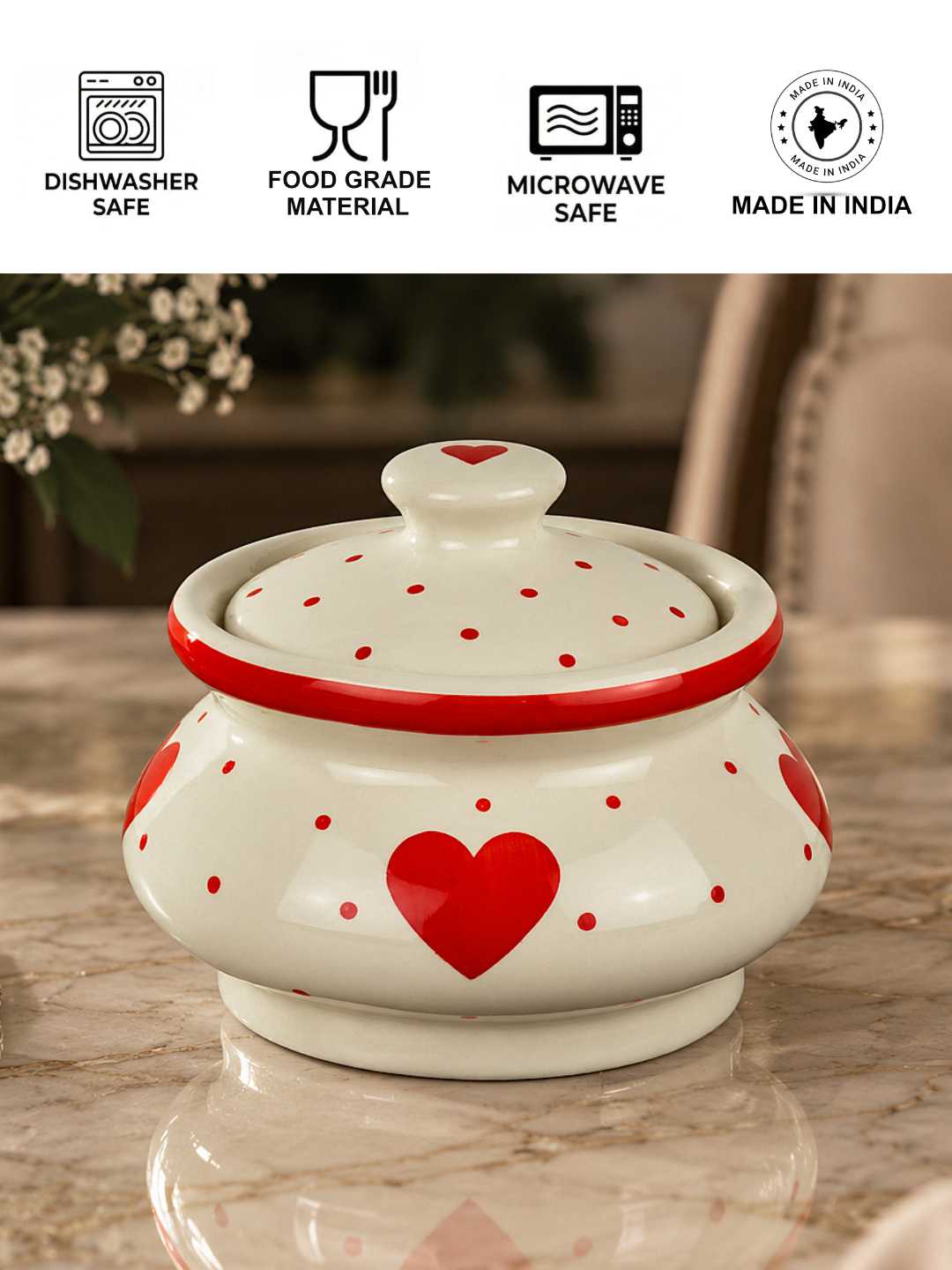 Ceramic Heart Design Handi with Lid - Red - White - 750 ml