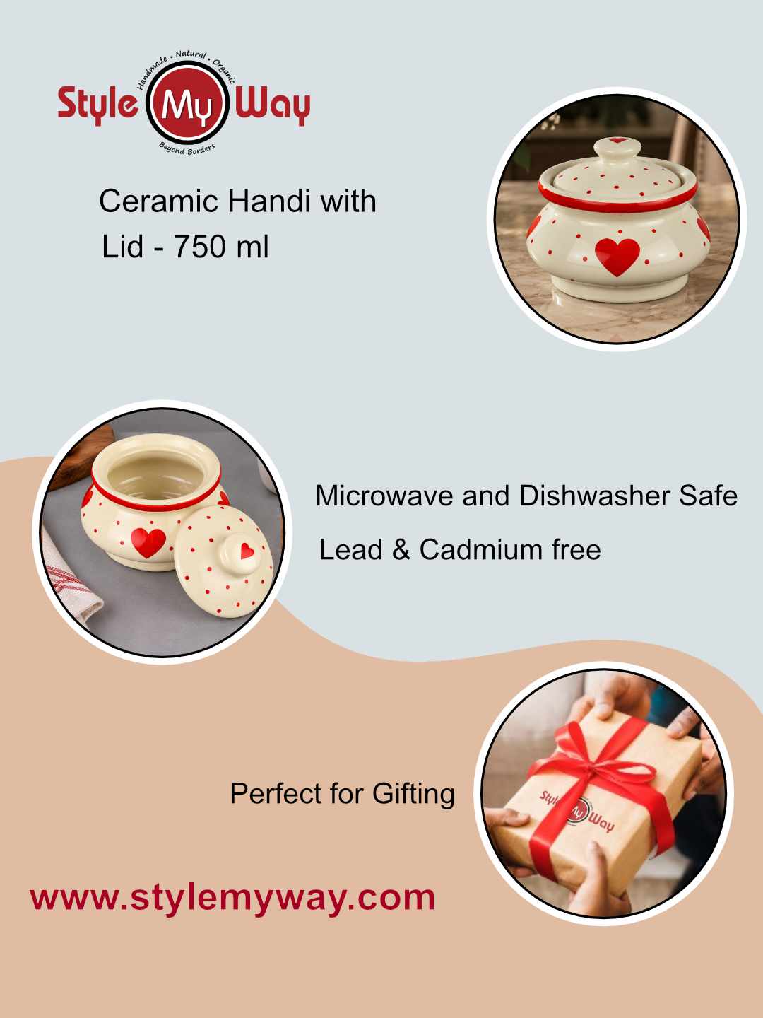 Ceramic Heart Design Handi with Lid - Red - White - 750 ml