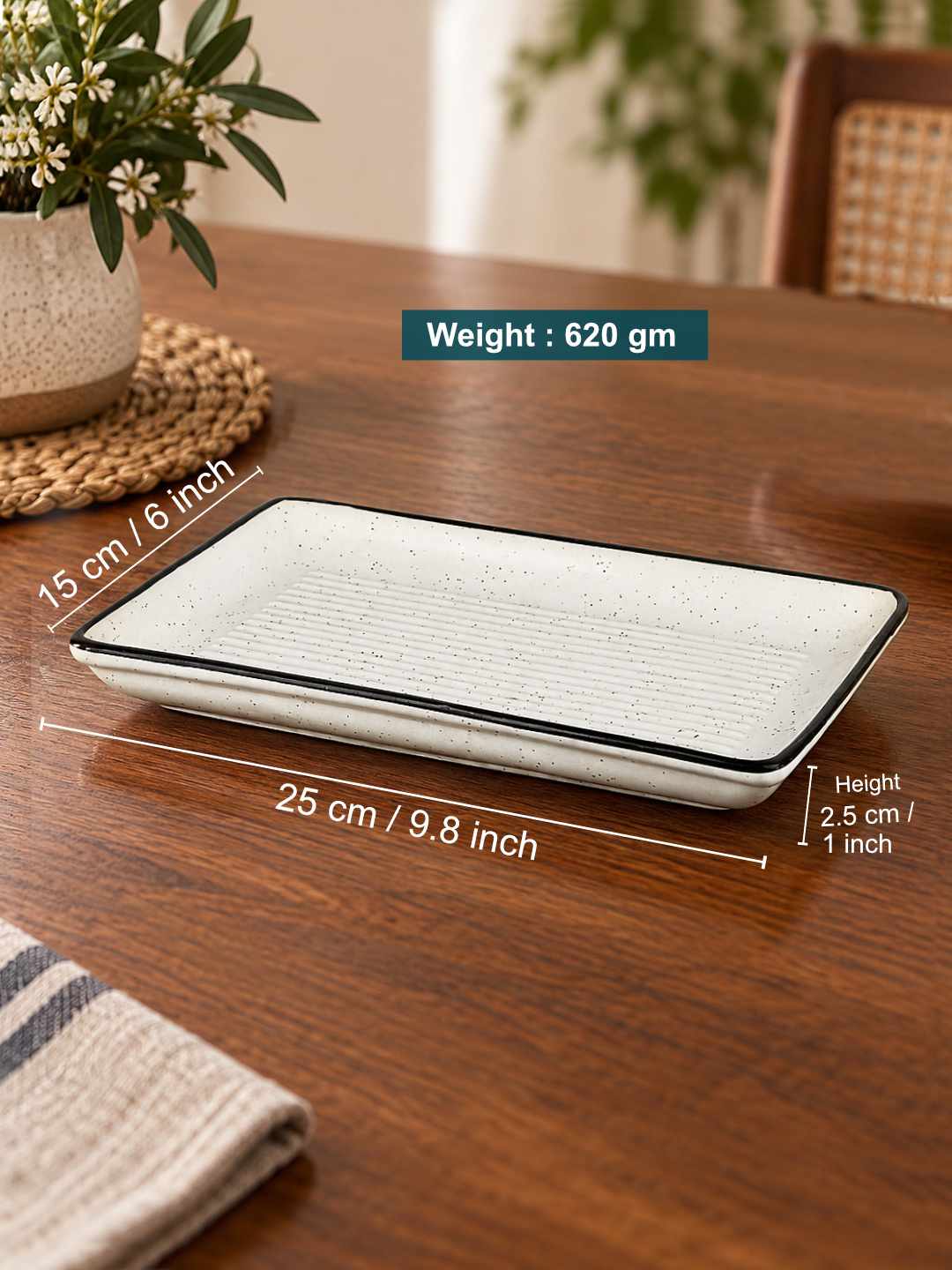 Ceramic Rectangular Serving Tray - 25 x 15 cm - Off White - 620 gm