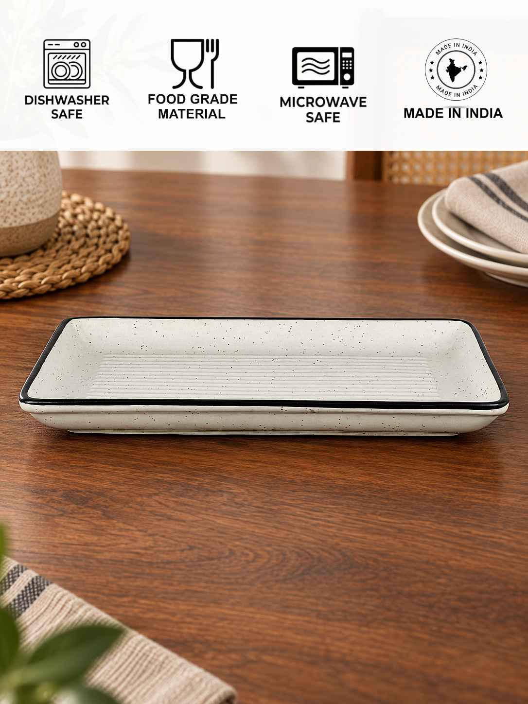 Ceramic Rectangular Serving Tray - 25 x 15 cm - Off White - 620 gm