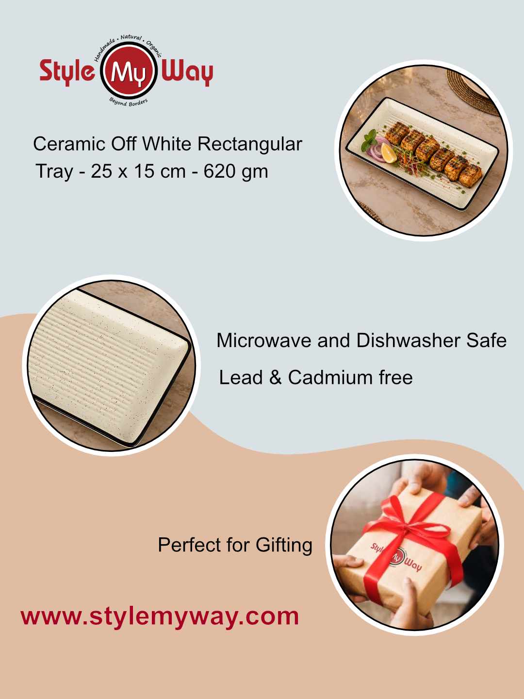 Ceramic Rectangular Serving Tray - 25 x 15 cm - Off White - 620 gm