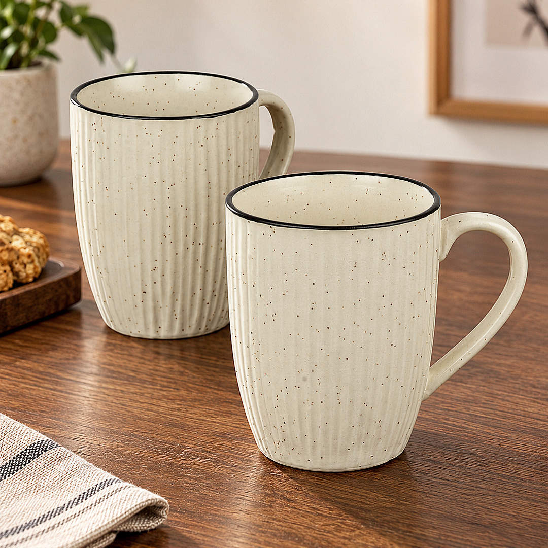 Ribbed Speckled Design with Contrasting Rim Ceramic  Coffee Mugs (400 ml, Off White , Set of 2)