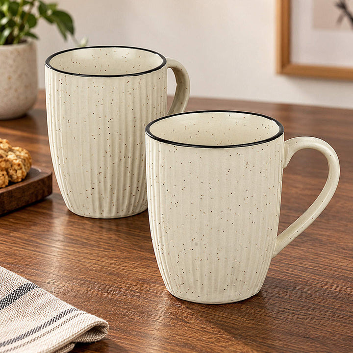 Ribbed Speckled Design with Contrasting Rim Ceramic  Coffee Mugs (400 ml, Off White , Set of 2)
