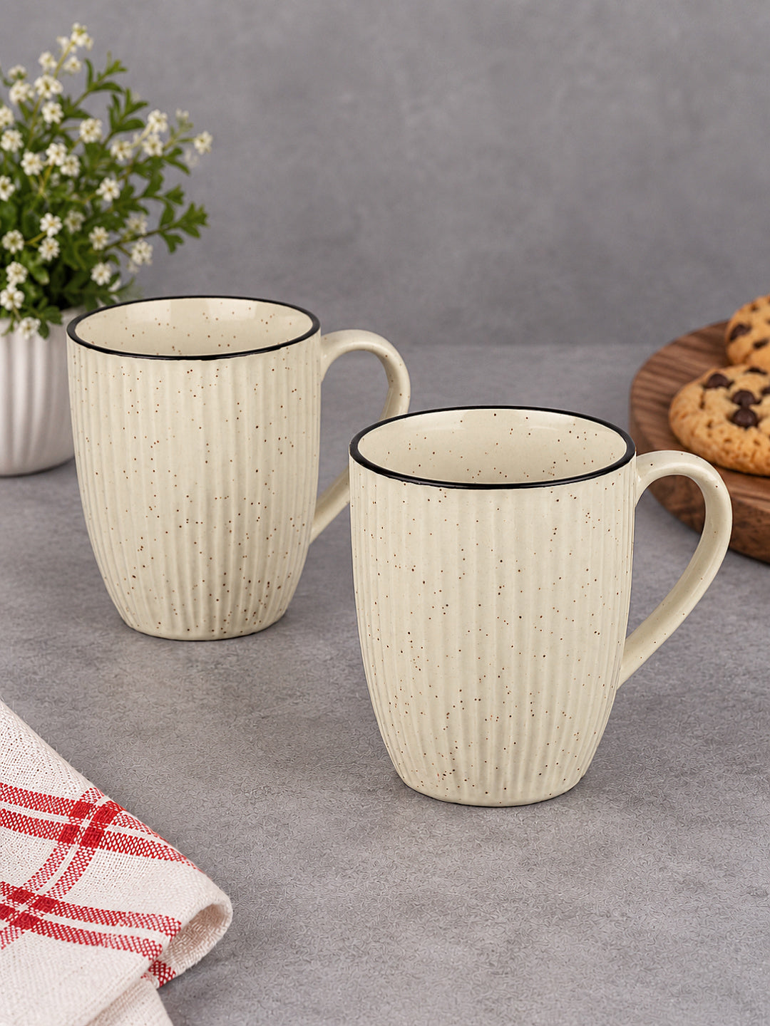 Ribbed Speckled Design with Contrasting Rim Ceramic  Coffee Mugs (400 ml, Off White , Set of 2)