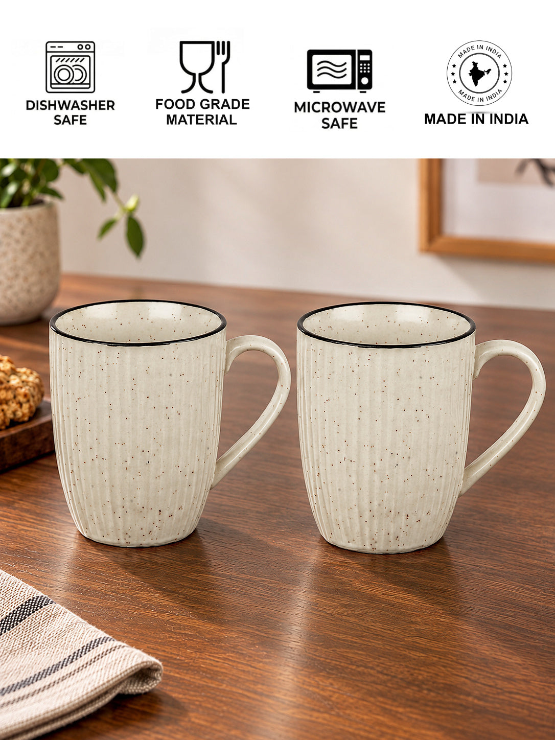 Ribbed Speckled Design with Contrasting Rim Ceramic  Coffee Mugs (400 ml, Off White , Set of 2)
