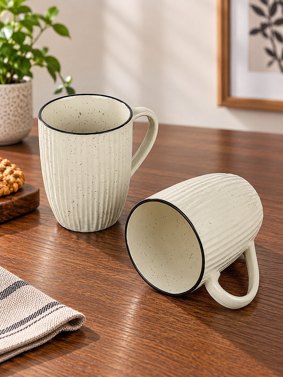 Ribbed Speckled Design with Contrasting Rim Ceramic  Coffee Mugs (400 ml, Off White , Set of 2)