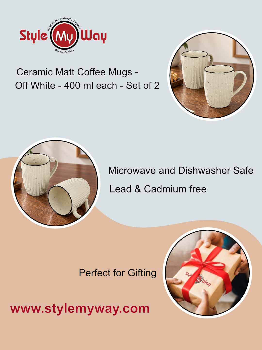 Ribbed Speckled Design with Contrasting Rim Ceramic  Coffee Mugs (400 ml, Off White , Set of 2)