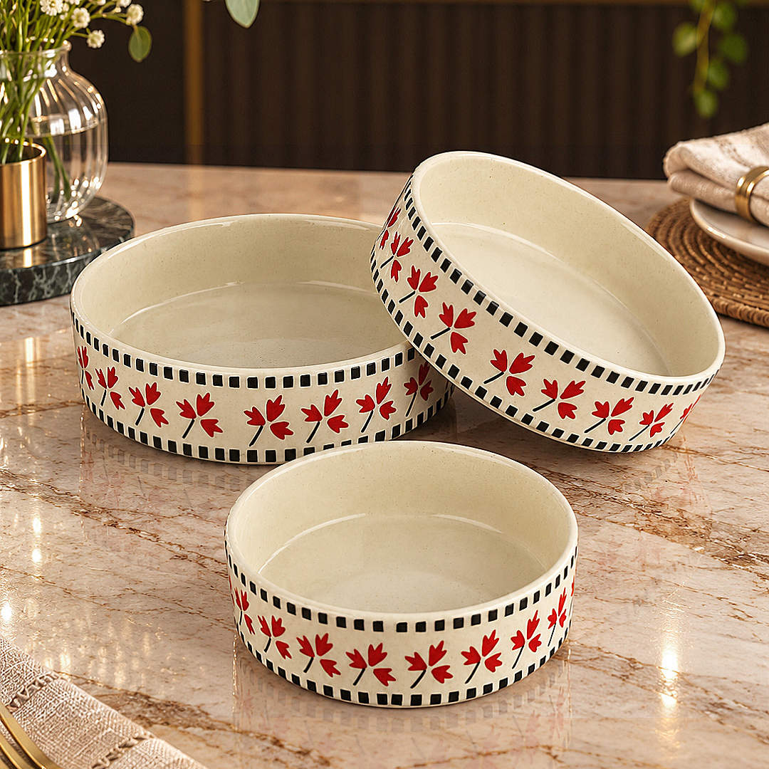 Hand-Painted Ceramic Salad Serving Trays (Set of 3, Ivory, Red & Black Diameter – 19 cm, 17 cm & 15 cm)