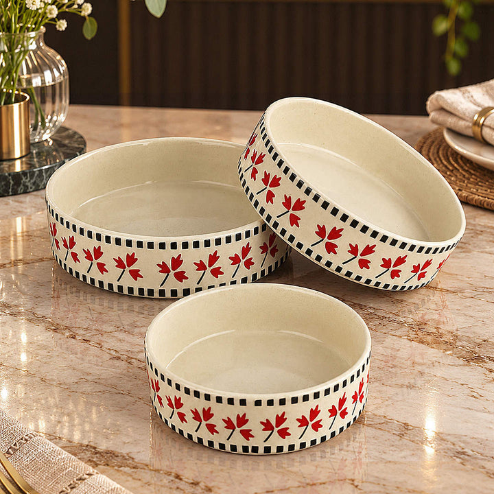 Hand-Painted Ceramic Salad Serving Trays (Set of 3, Ivory, Red & Black Diameter – 19 cm, 17 cm & 15 cm)