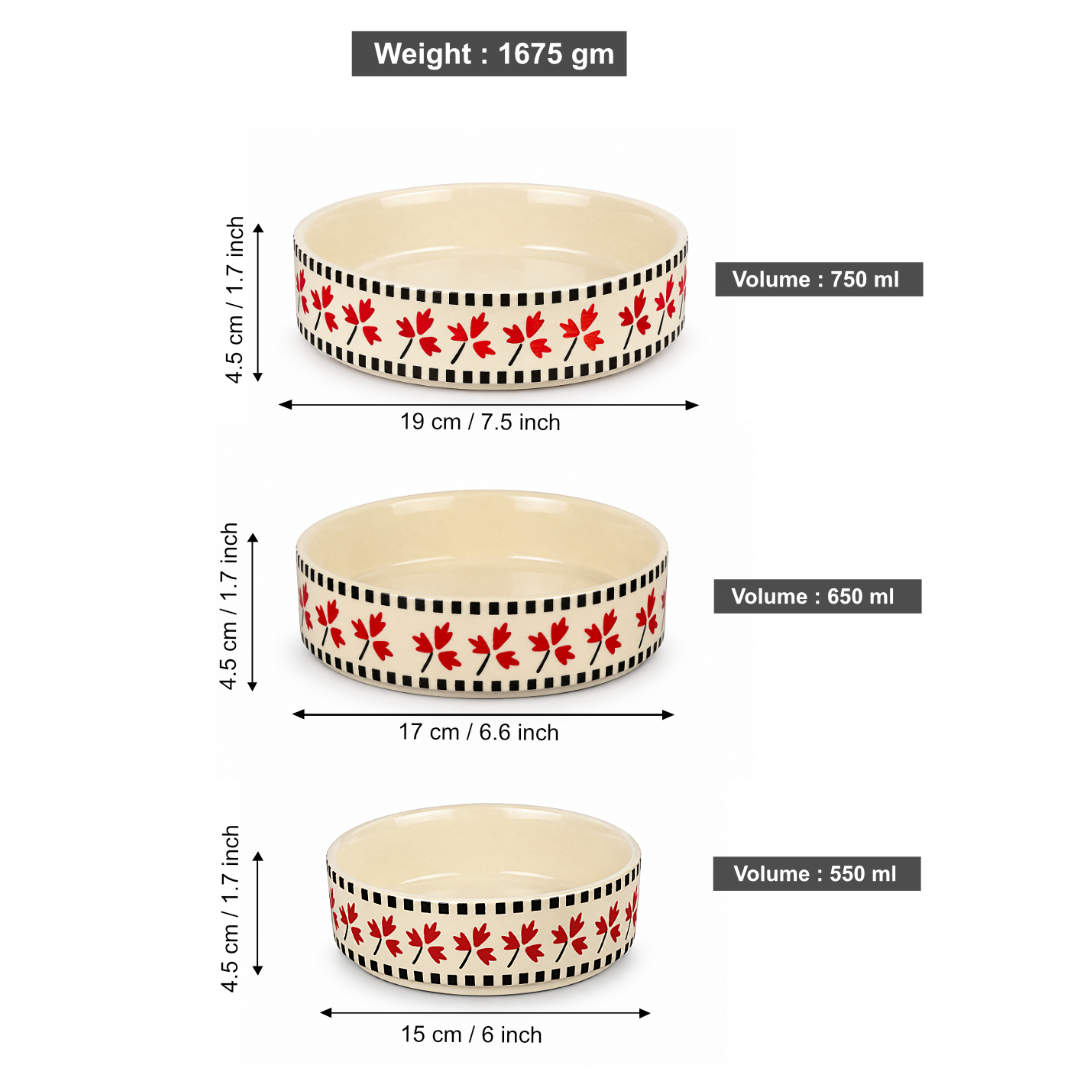 Hand-Painted Ceramic Salad Serving Trays (Set of 3, Ivory, Red & Black Diameter – 19 cm, 17 cm & 15 cm)