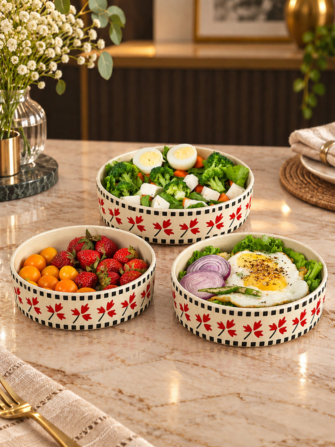 Hand-Painted Ceramic Salad Serving Trays (Set of 3, Ivory, Red & Black Diameter – 19 cm, 17 cm & 15 cm)