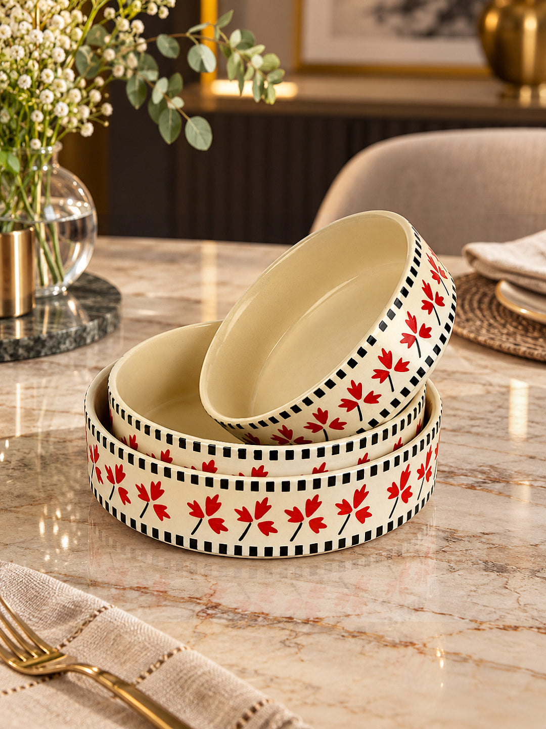 Hand-Painted Ceramic Salad Serving Trays (Set of 3, Ivory, Red & Black Diameter – 19 cm, 17 cm & 15 cm)