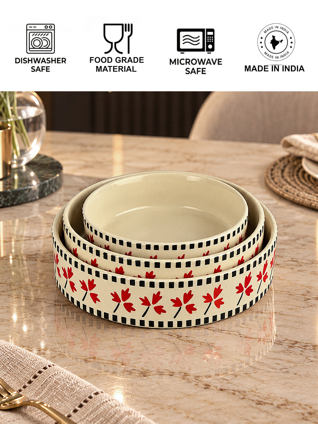 Hand-Painted Ceramic Salad Serving Trays (Set of 3, Ivory, Red & Black Diameter – 19 cm, 17 cm & 15 cm)