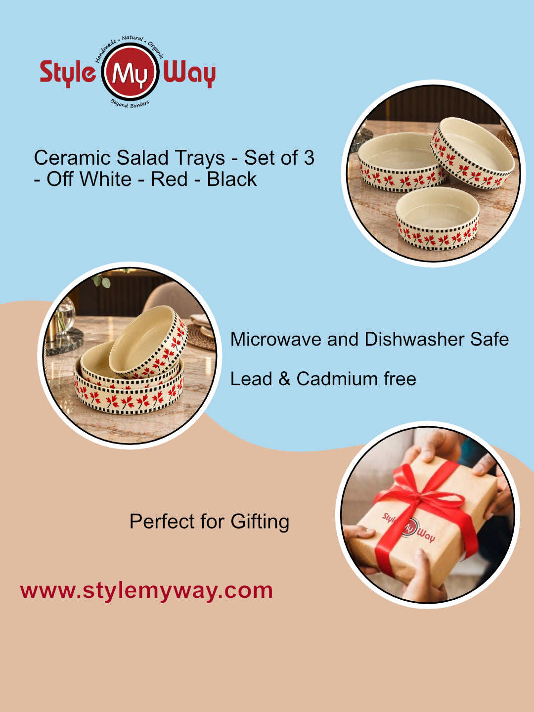 Hand-Painted Ceramic Salad Serving Trays (Set of 3, Ivory, Red & Black Diameter – 19 cm, 17 cm & 15 cm)