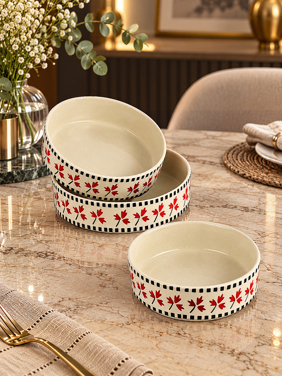 Hand-Painted Ceramic Salad Serving Trays (Set of 3, Ivory, Red & Black Diameter – 19 cm, 17 cm & 15 cm)