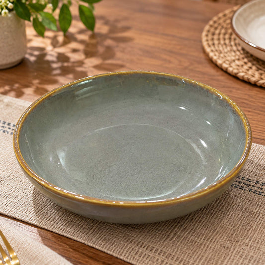 Ceramic Shallow Serving Bowl - Reactive Olive Green - 650 ml - 20 cm