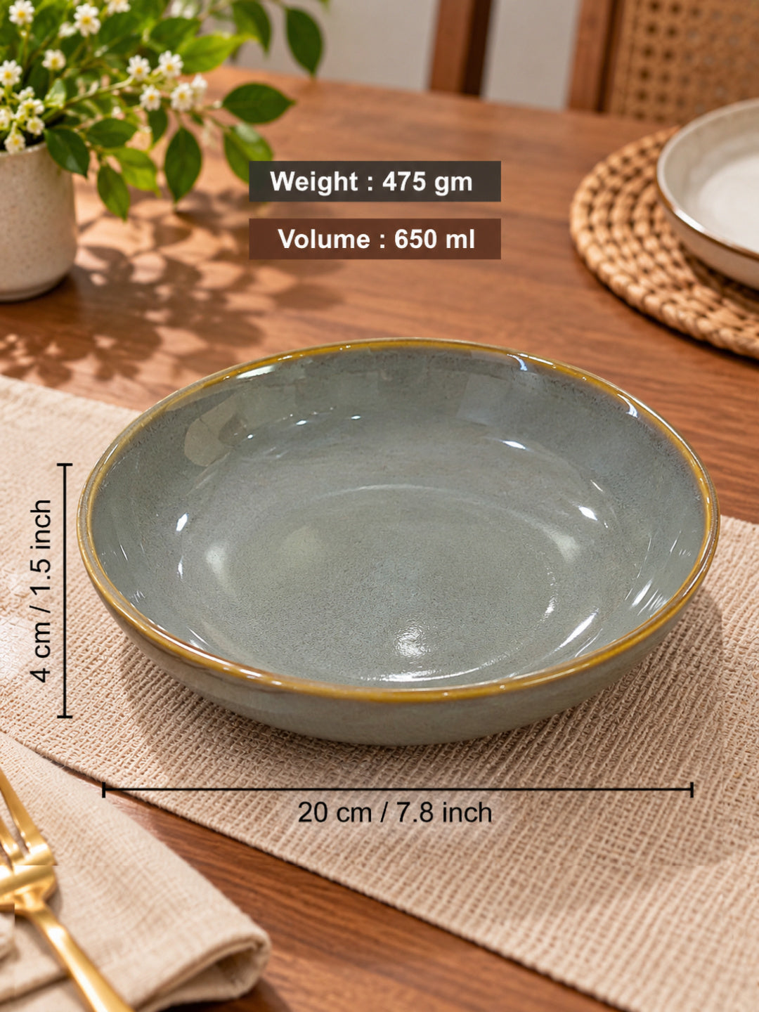Ceramic Shallow Serving Bowl - Reactive Olive Green - 650 ml - 20 cm