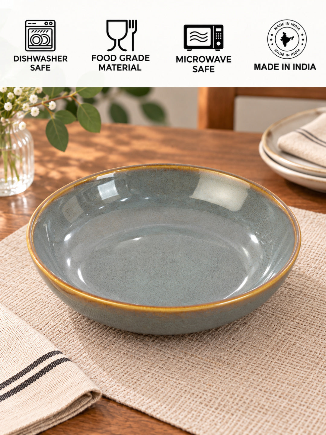 Ceramic Shallow Serving Bowl - Reactive Olive Green - 650 ml - 20 cm