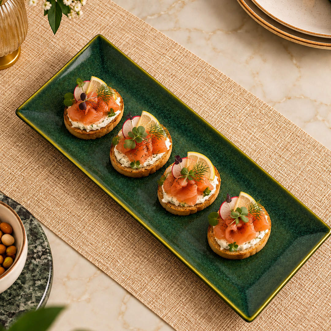 Ceramic Rectangular Serving Tray (Green, L x B – 32 x 10 cm)