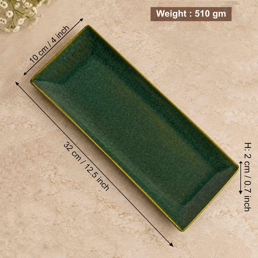 Ceramic Rectangular Serving Tray (Green, L x B – 32 x 10 cm)
