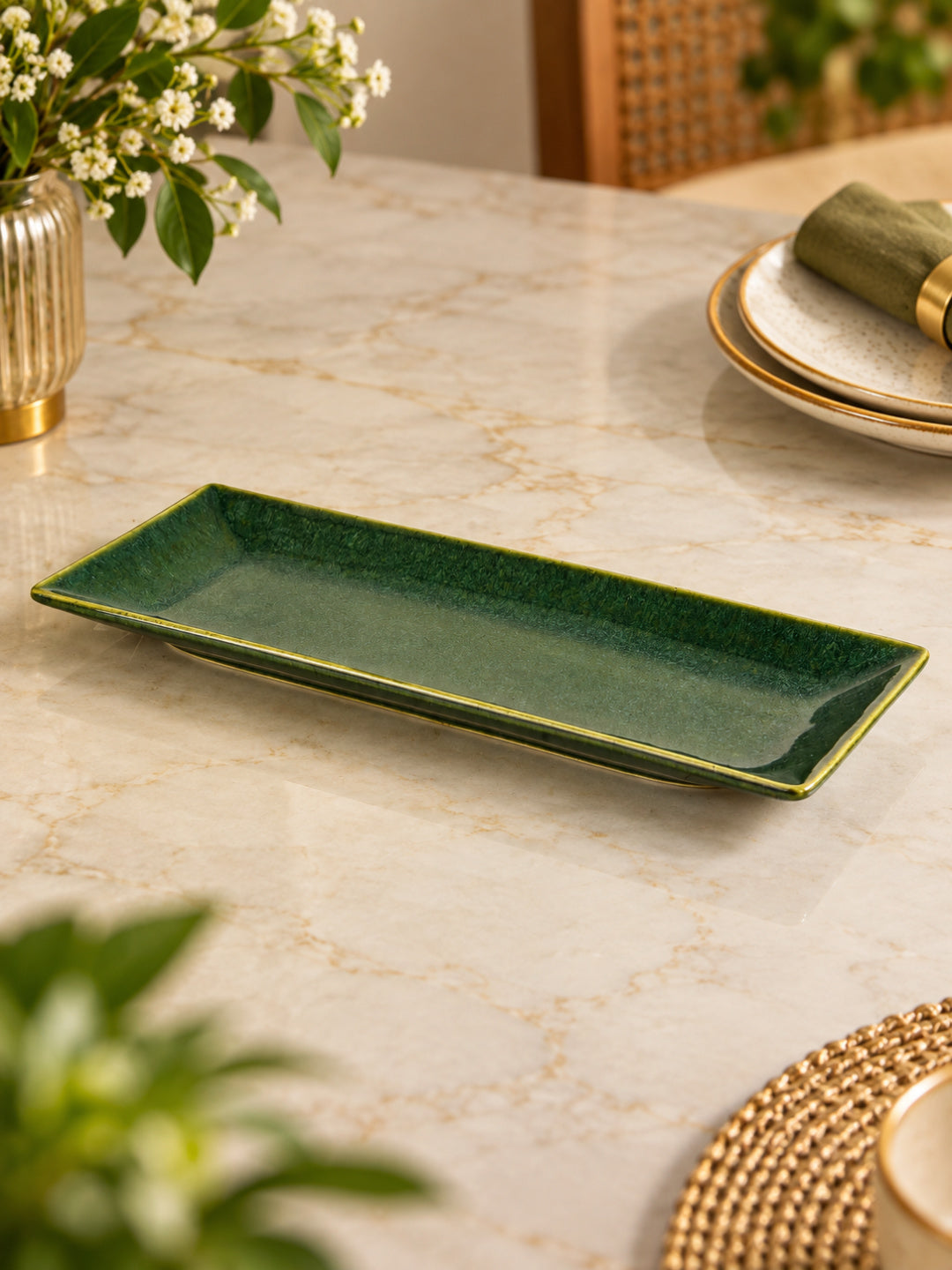 Ceramic Rectangular Serving Tray (Green, L x B – 32 x 10 cm)