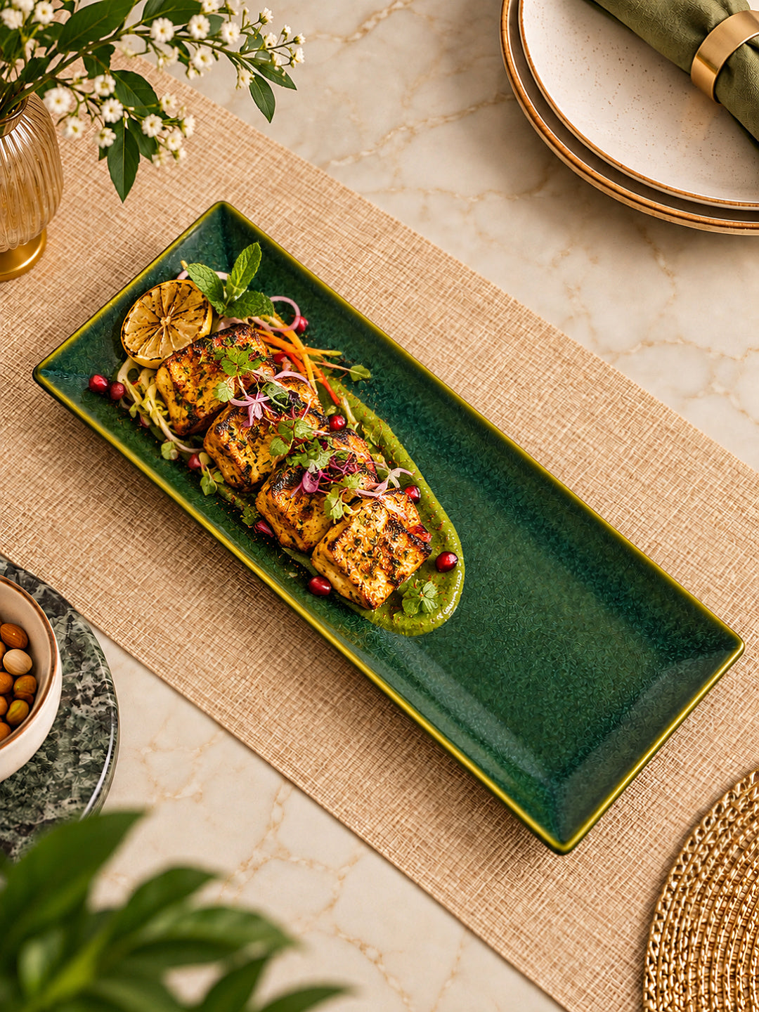 Ceramic Rectangular Serving Tray (Green, L x B – 32 x 10 cm)