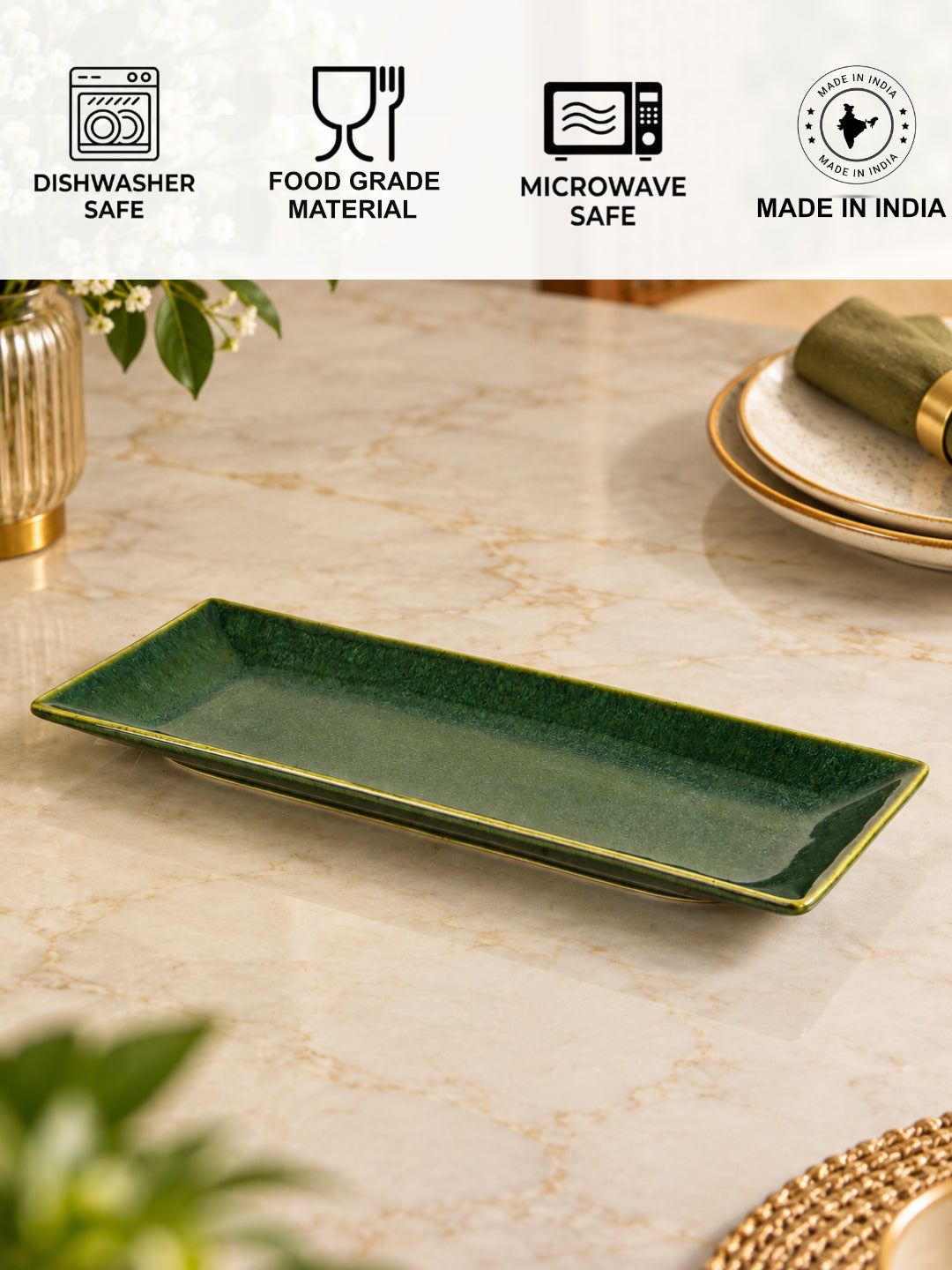 Ceramic Rectangular Serving Tray (Green, L x B – 32 x 10 cm)