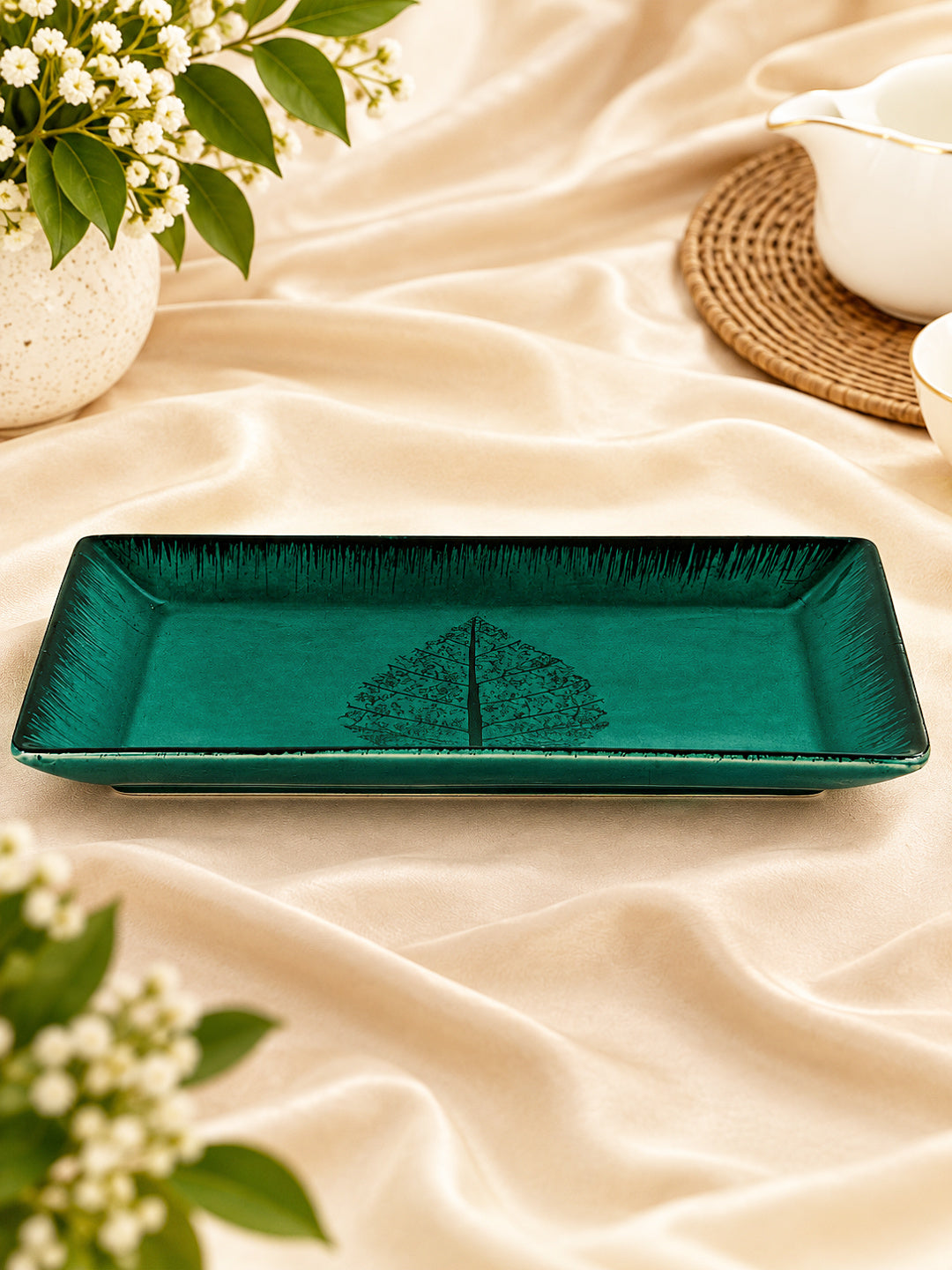 Ceramic Rectangular Serving Tray - 32 x 15 cm - Deep Green