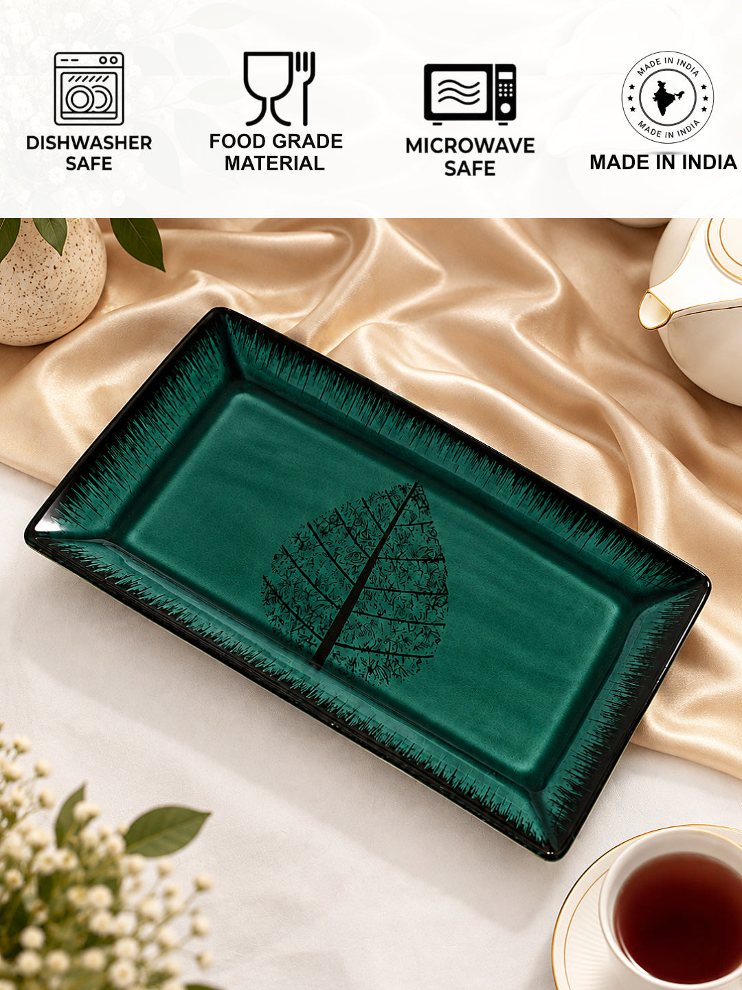Ceramic Rectangular Serving Tray - 32 x 15 cm - Deep Green